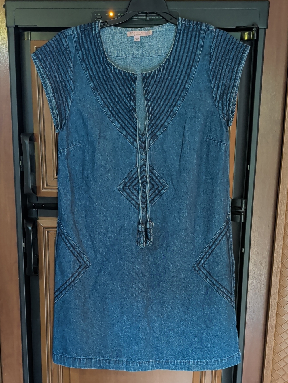 Calypso St. Barth Blue Denim Midi Dress with Embroidered Yoke and Tassel